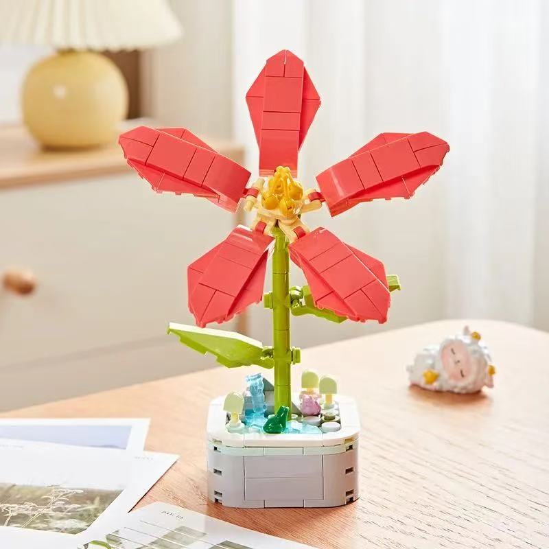 Non-Toxic Bouquet Building Block Set Plant Potted Bricks Toys Sunflower Rose Tulip Simulation Flower Desktop Ornament Children Romantic Gifts
