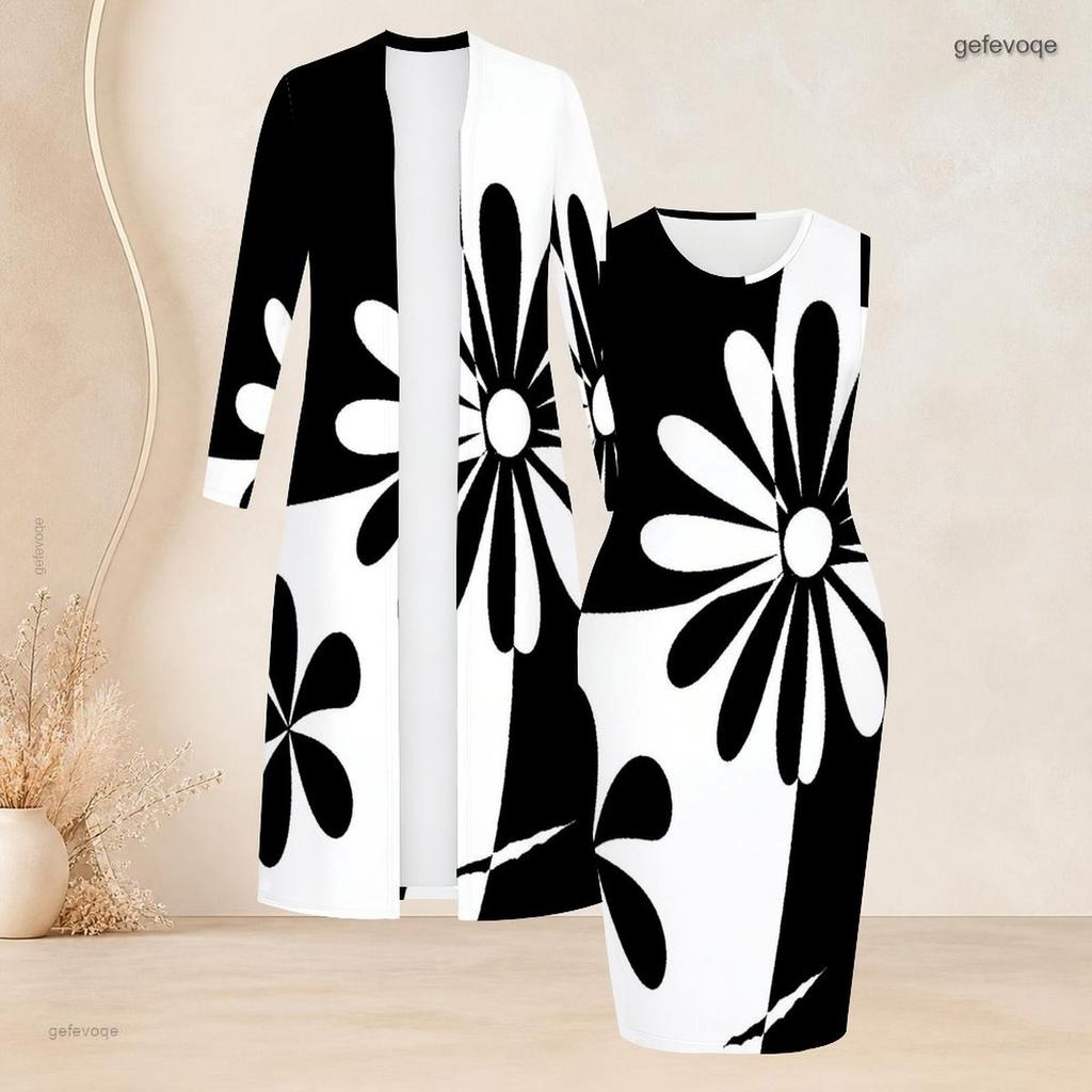 Women Plus Size Two Piece Set Long Sleeve Open Front Cardigan Sleeveless Bodycon Dress Black White Striped Printed