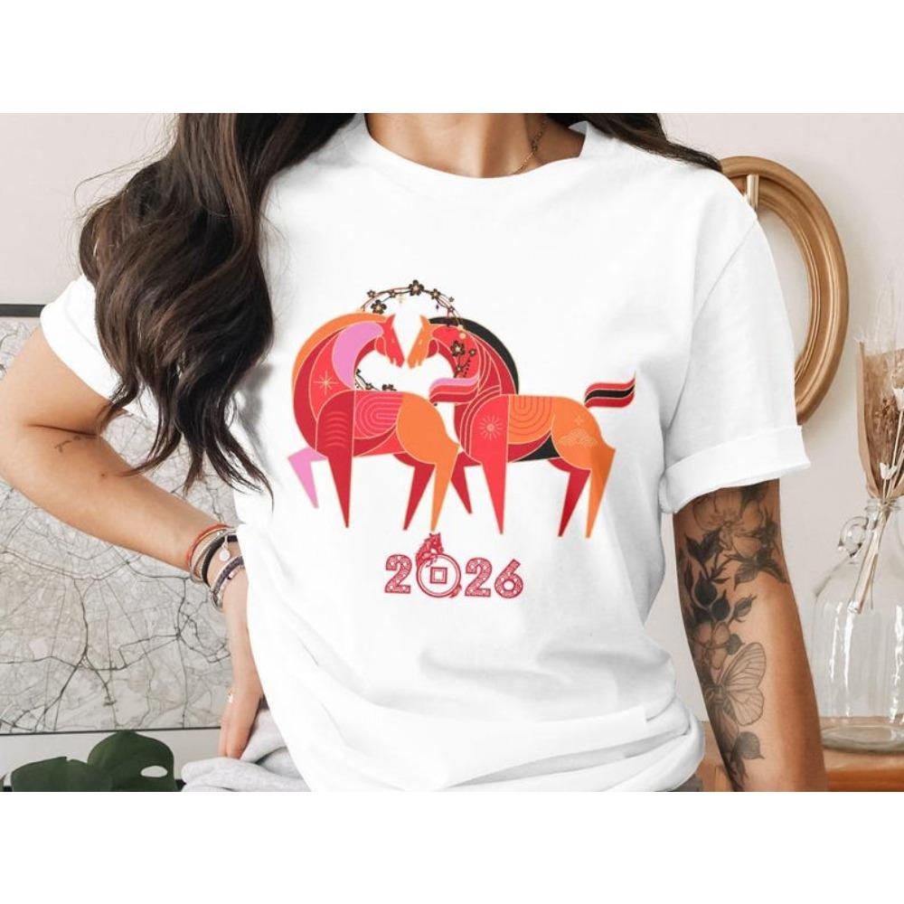 Mondneujahr 2026 T-Shirt Jahr des Pferdes Chinesisches Tierkreiszeichen T-Shirt Kreatives Design Frohes Neues Jahr Herren Damen T-Shirt Baumwoll-Oberteile