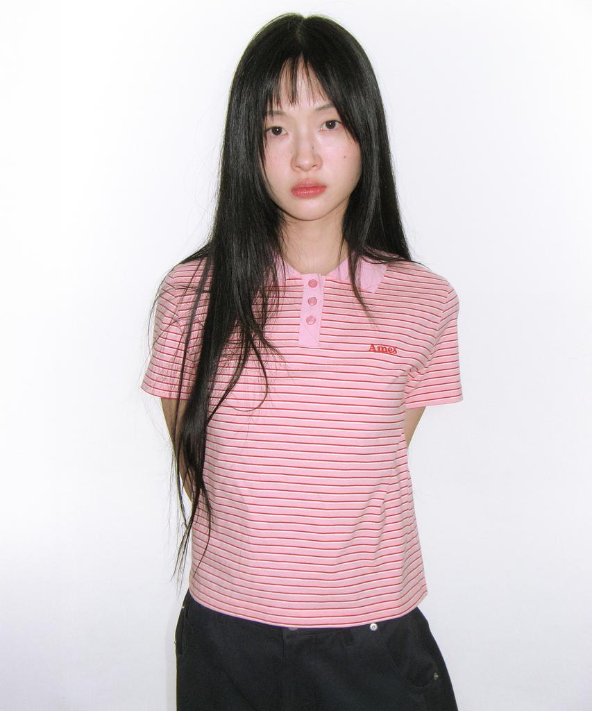 AMES-WORLDWIDE Basic Stripe Collar Tee Pink