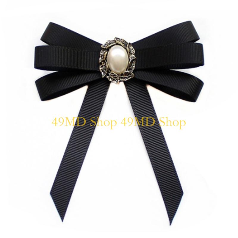 49MD Pearl Ribbon Brooch Pin Bow Tie Vintage Pre-Tied Collar Jewelry Bowknot Necktie