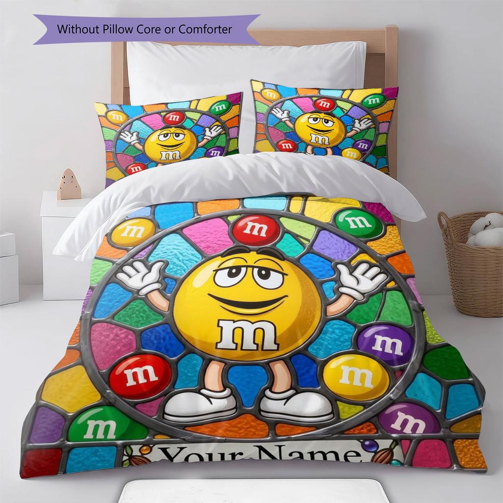 M&M's Bettwäsche mit individuellem Namensmuster, Steppbett-Set, Bettbezug, Kissenbezug, Heim-Geburtstagsgeschenk(1 Bettbezug + 2 Kissenbezüge, ohne Füllung)