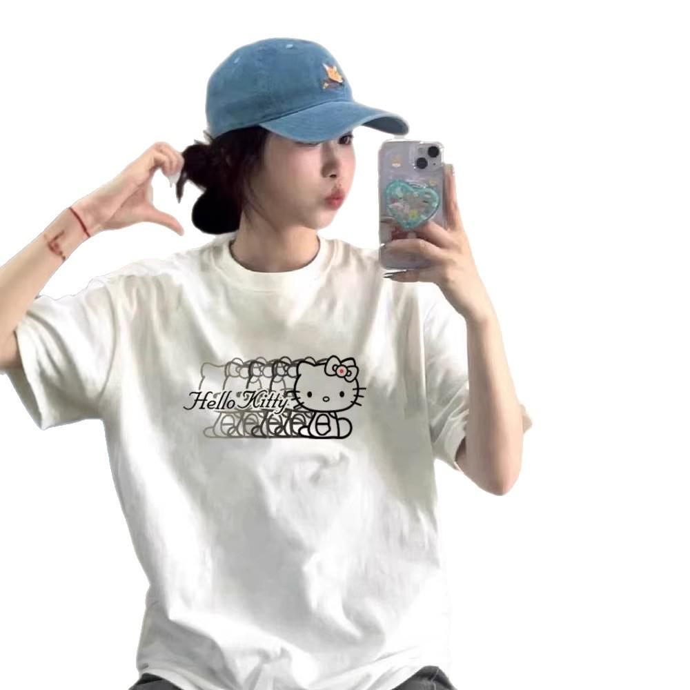 Cotton Kitty Cat White Short-sleeved T-shirt Women's Summer American High Street Design Sense Niche Half-sleeved Loose Top