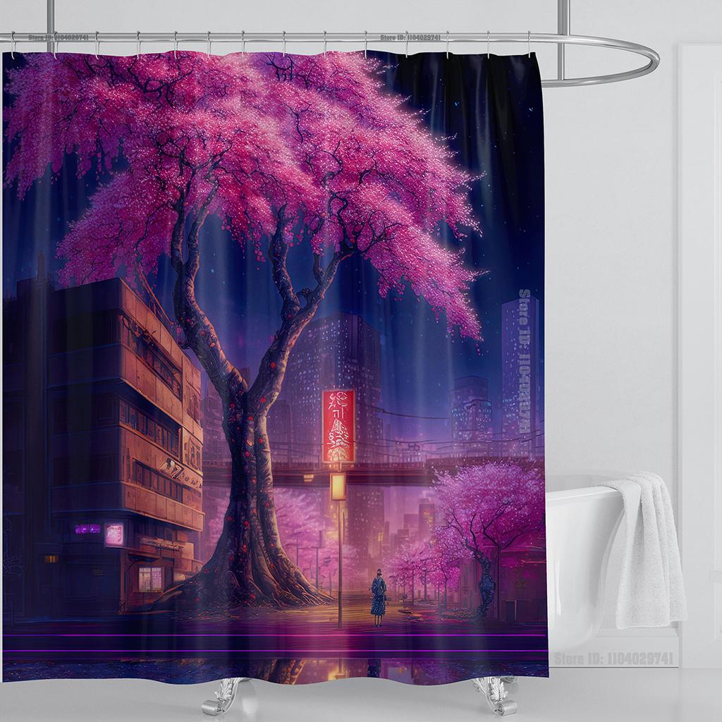 Illustration Japanese Chinese Style Art Print Polyester Washable Waterproof Shower Curtain Bathroom Decoration Bathtub With Hook