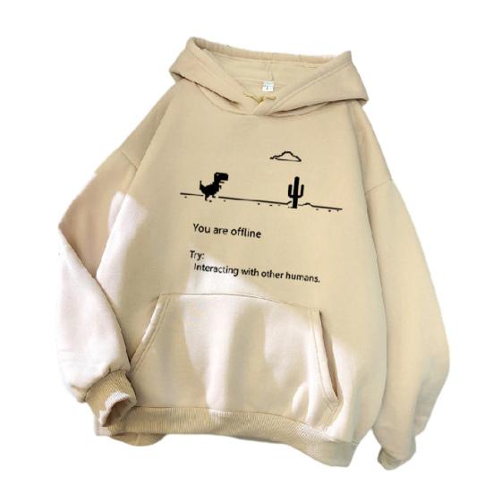 Lange Ärmel, Tasche, Kordelzug, verdicktes Plüschfutter, Winter-Hoodie für Damen, kleiner Dinosaurier-Druck, lockeres Kapuzen-Sweatshirt, Streetwear