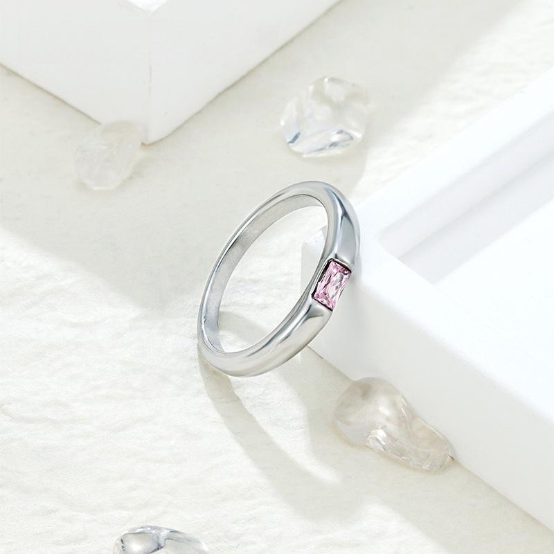 Sugar Cube Powder Zircon Smooth Plain Ring Women's Niche High-end Light Luxury Ring Titanium Steel Non-fading Finger Ring