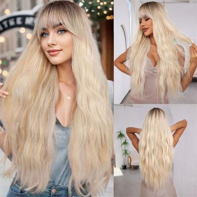 Fashion Wig Chemical Fiber Golden Big Full-Head Wig Curly Hair Air Bangs Wave Long Full Top Wig Fluffy Gradient