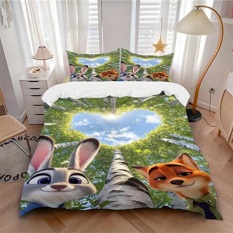 3pcs Zootopia Love Judy and Nick Quilt Cover Set (1 Quilt Cover + 2 Pillowcases Without Pillow Core), High-Definition Printing for Home and Dormi