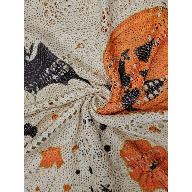 Women'S Halloween-Themed Off-Shoulder Top - V-Neck, Bat & Pumpkin Print, Loose Fit, Long Sleeve, Perfect for Vacation or Casual Outings
