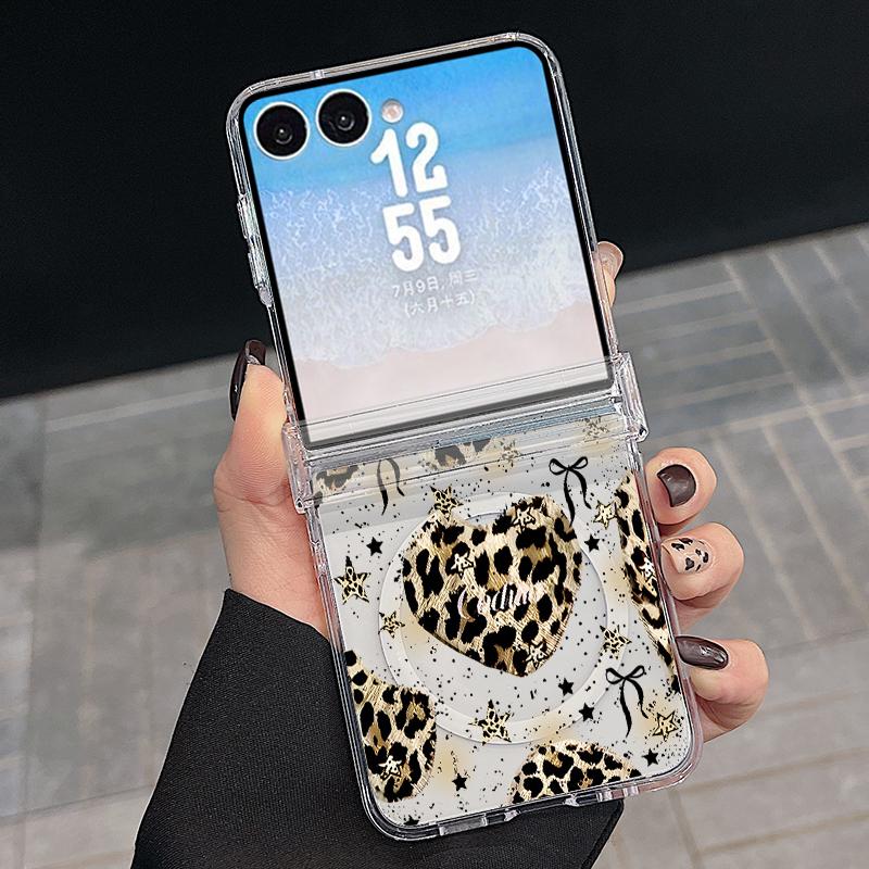 With Hinge Magnetic Phone Case For Samsung Z Flip 8 7 FE 6 5 4 Creative Leopard Print Hard Folding Phone Cover For Galaxy Z Flip8 Flip7 Flip6