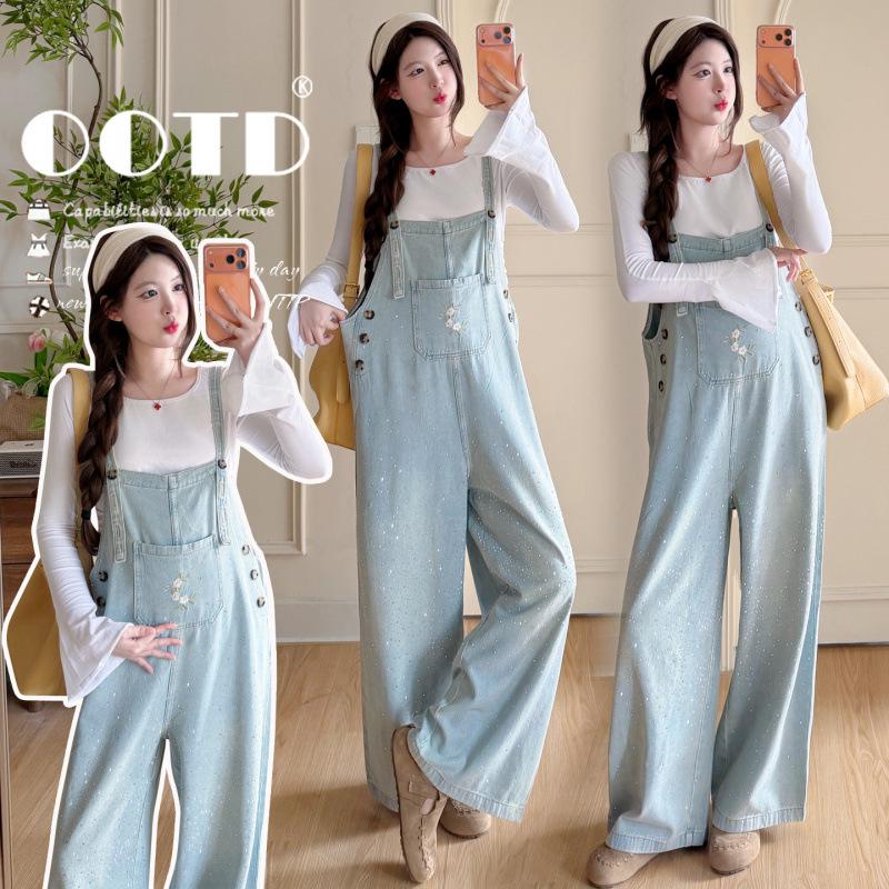 

2026 Chic Rhinestone Wide-Leg Maternity Denim Overalls & Flare Sleeve Set M