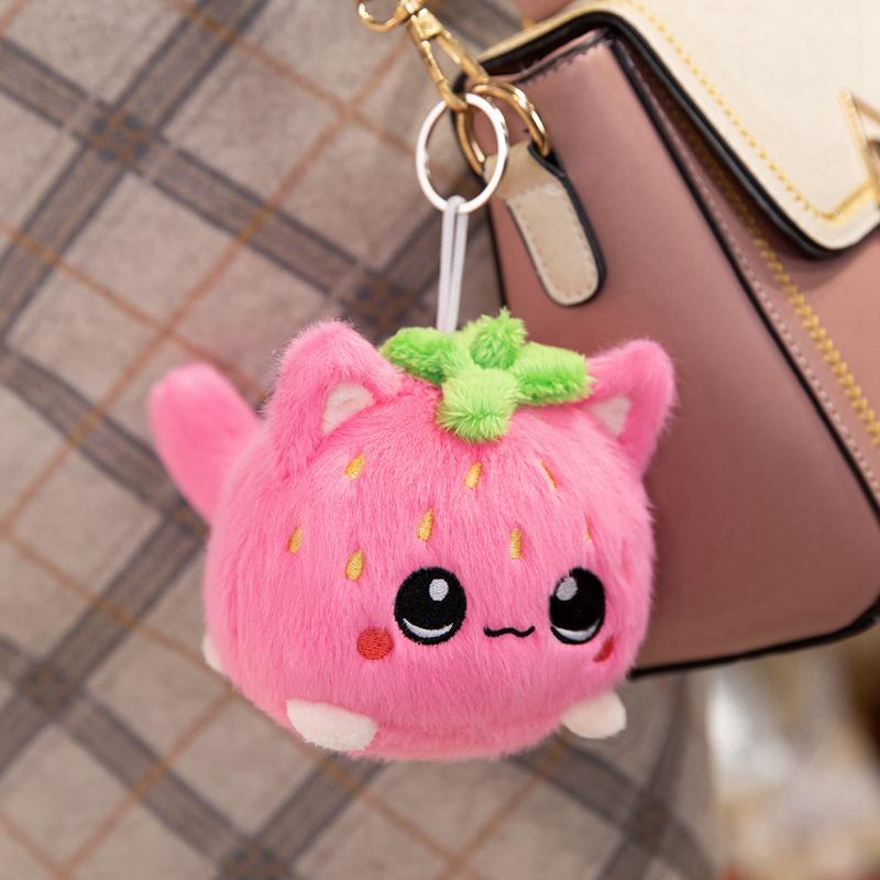 Neuer Eingang Kawaii Erdbeer-Katzen-Plüschtiere Frucht Pastell Zitrone Katzen-Plüsch-Schlüsselanhänger Weicher Süßer Taschenanhänger Mädchengeschenk