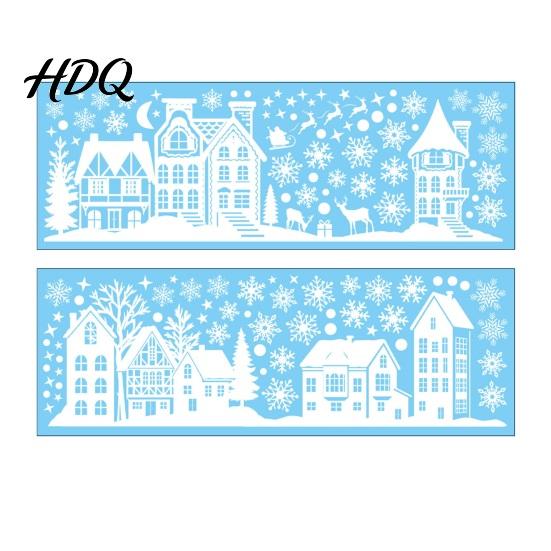 Christmas Village Window Decoration 2Pcs Town Static Glass Sticker Reusable Decal with Snowflake Indoor Outdoor Stickers Pattern Decorative