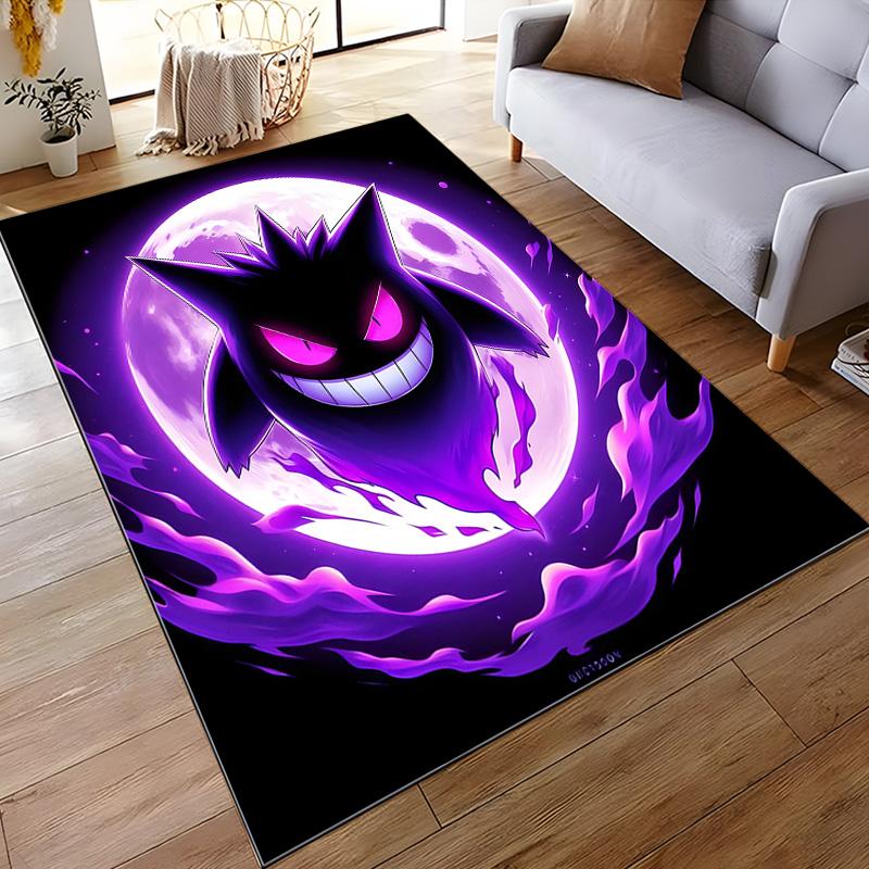 Soft Flannel Carpet, Purple Gengar Ghost Pokemon Glowing Eyes Full Moon Violet Flames Night, Soft Plush Rug for Adult Game Room Decor, Anime Fan Gift