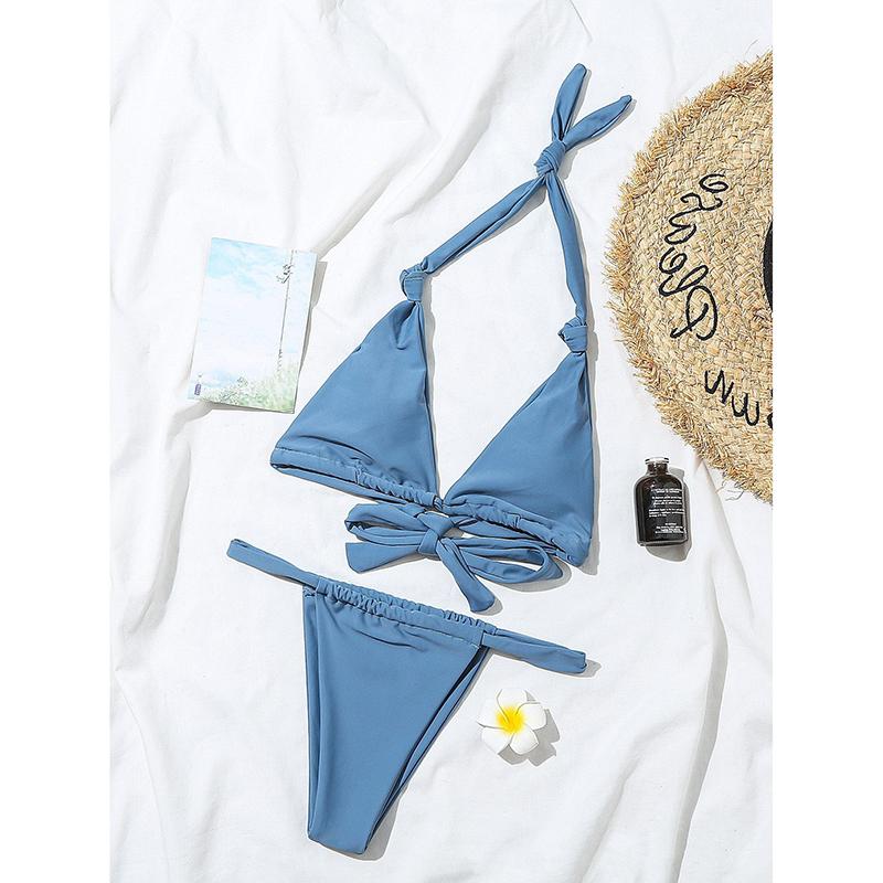 

Сексуальные бикини Бикини Женская пляжная одежда Однотонная купальная одежда Пуш-ап Бикини Стринги Купальник Бандажный комплект бикини из двух частей S синий