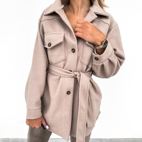 Turn-down Collar Women Coat Single Breasted Autumn Winter Flap Pockets Warm Woolen Coat Outerwear