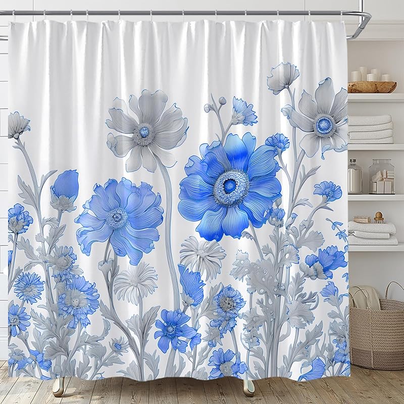 Yellow Grey Floral Shower Curtain Watercolor Flower Leaves Rustic Farmhouse Nature Plant Abstract Modern Home Fabric Bathroom Decor Set Include