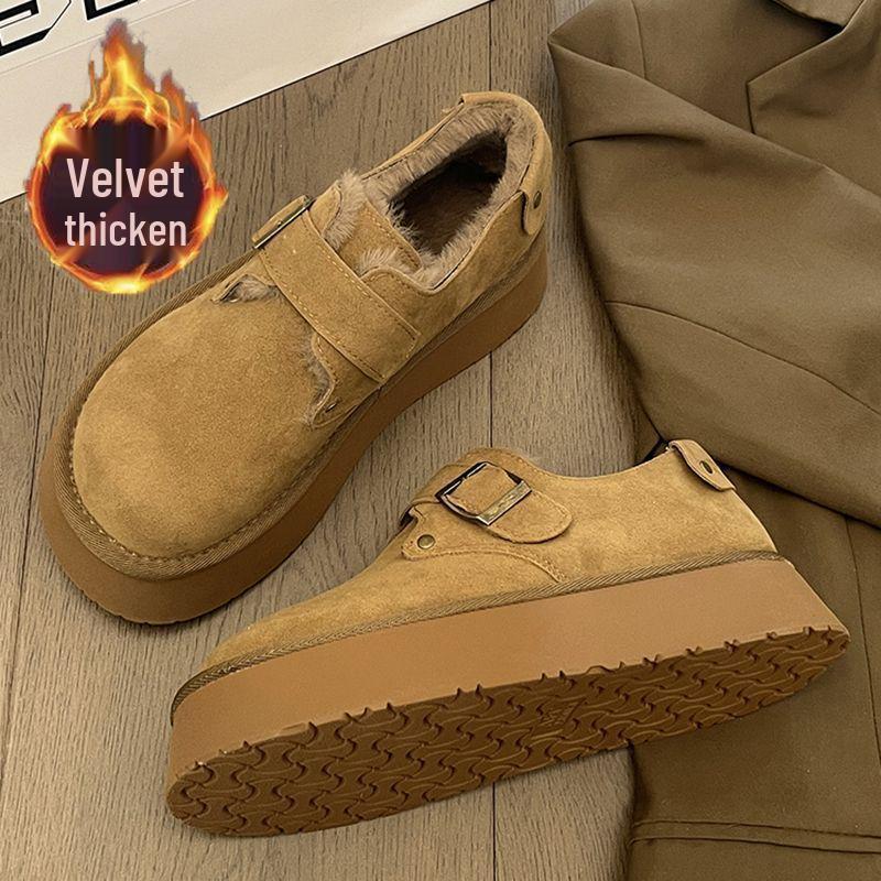 Women's Winter Furry Moccasins: Brown Cotton Slip-On Snow Boots with Thick Soles.