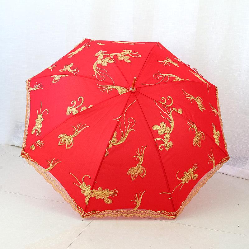 Elegance Red Wedding Lace Umbrella: Long Handle, Sun & Rain Protection for Brides