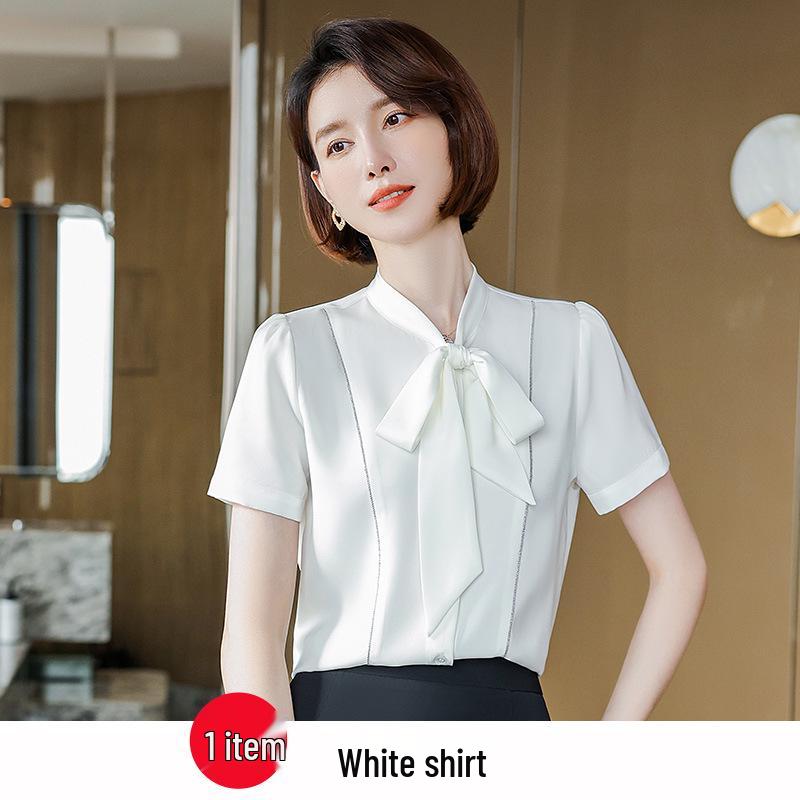 2023 Women's White Bow Blouse: Short Sleeve Workwear for Civil Servant Interviews & Hotel Reception