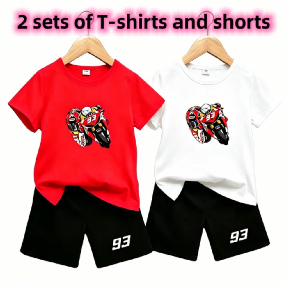 Outdoor Street Motorcycle Rennwagen Muster Druck Nr. 93 Kinder T-Shirt und Shorts 2-teiliges Set Sommer Haus Freizeit Outfit Jungen und Mädchen Sport Set