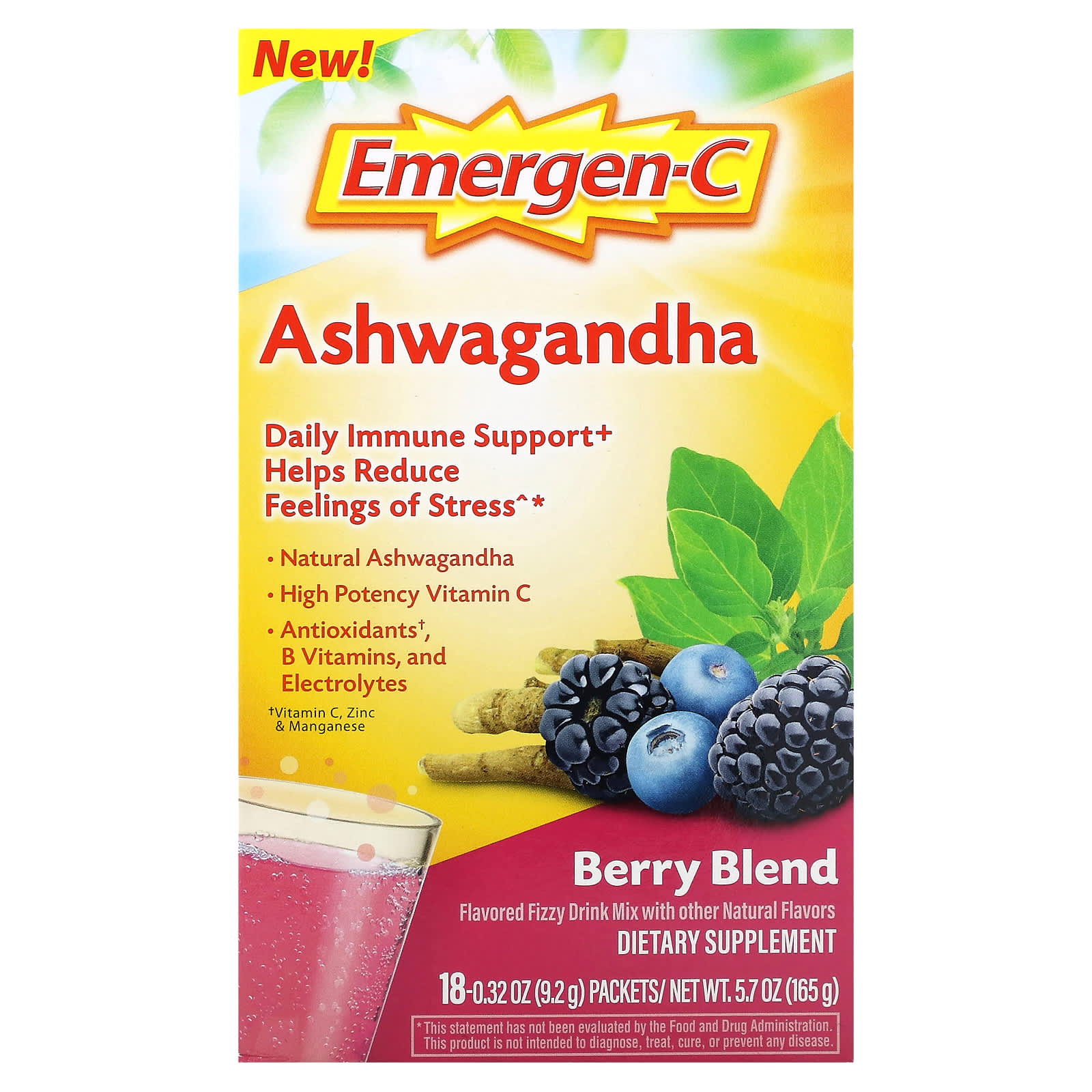 

Emergen-C, Ashwagandha, Berry Blend, 18 Packets, 9.2G (0.32Oz) Each