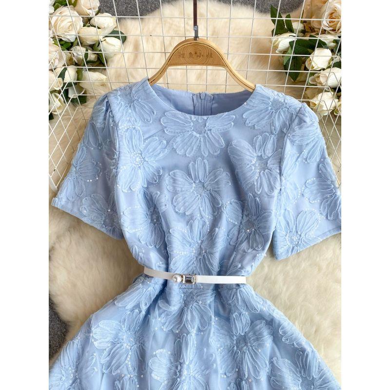 French Style Gentle Dress Women's Accessible Luxury Embroidered Sequins Flower Silm Mid Length Long Length Fancy Gold Style Dress