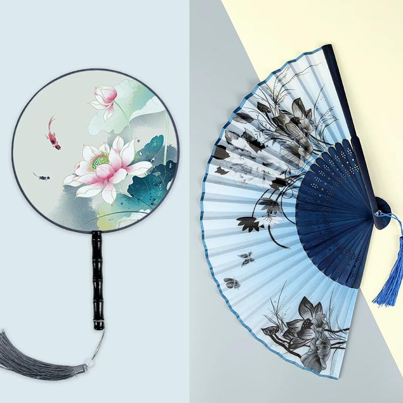 Archaistic Circular Fan Long Handle Tassel Kids Small Folding Fan Semi-Transparent Costume Women's Han Chinese Clothing Cheongsam Fan Summer Dance Fan