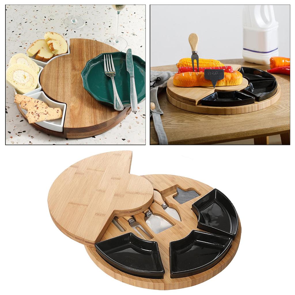 Bamboo Cheese Board Platter and Knife Set Serving Tray for Wine Server black