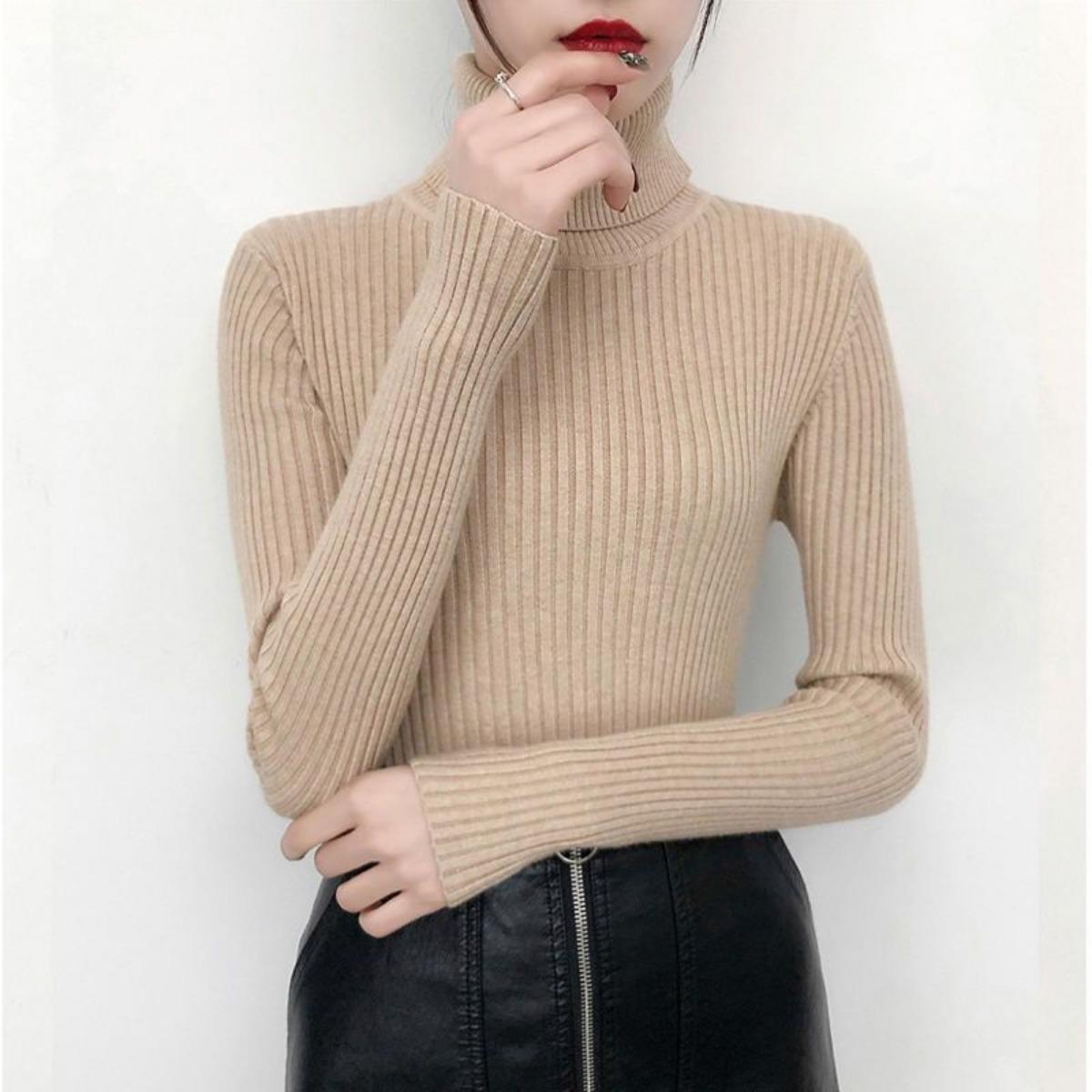 

Свитер с высоким воротником для женщин, облегающий и стройнящий топ для осени и зимы, черная вязаная базовая рубашка со стильным видом XL хаки