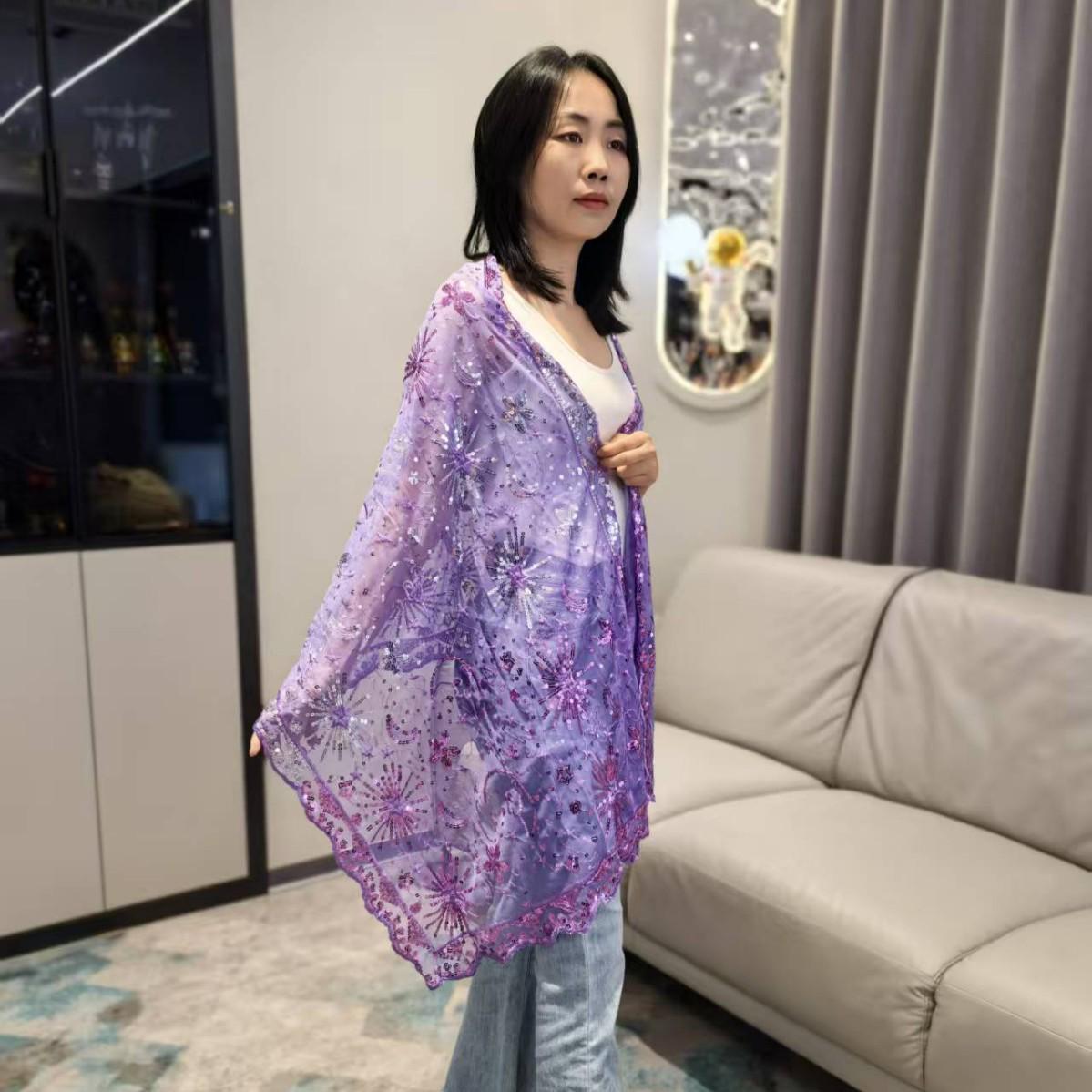 

Exquisite Sequined Embroidery Shawl with Stars & Moons for Weddings, Evening Gowns, Parties, and Events for Women Black + Iridescent