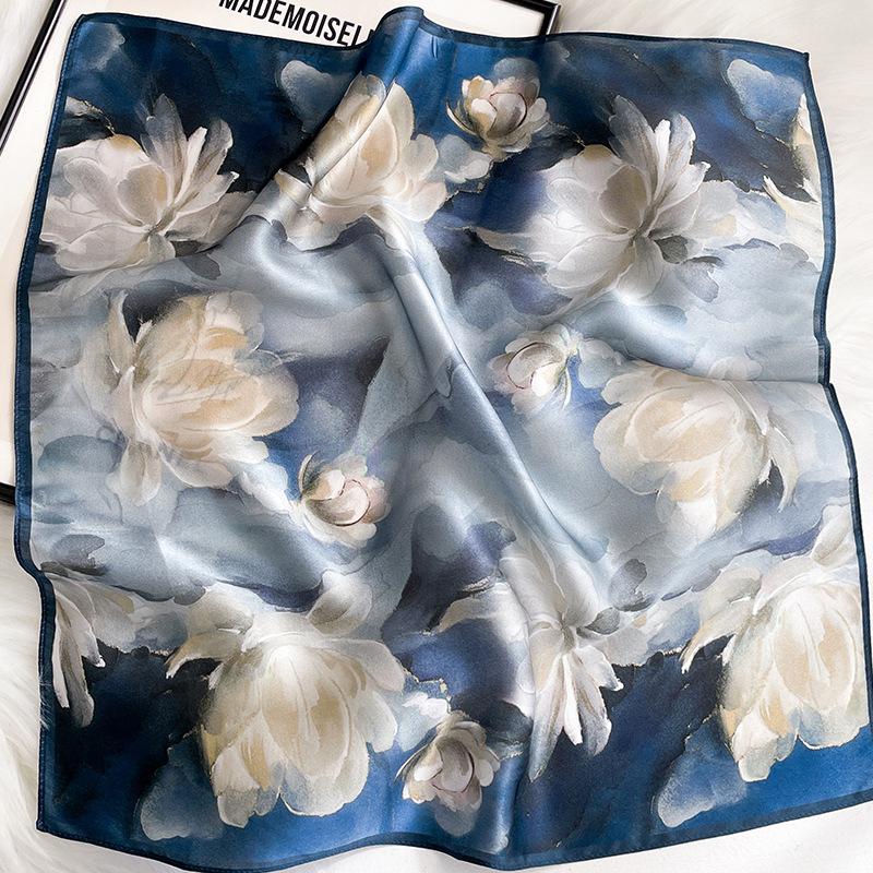 1116 New Blue Silk Silk Scarf Neck Small Square Scarf Women's Spring and Autumn Neck Protection Scarf Fashionable Foreign High-end Shawl
