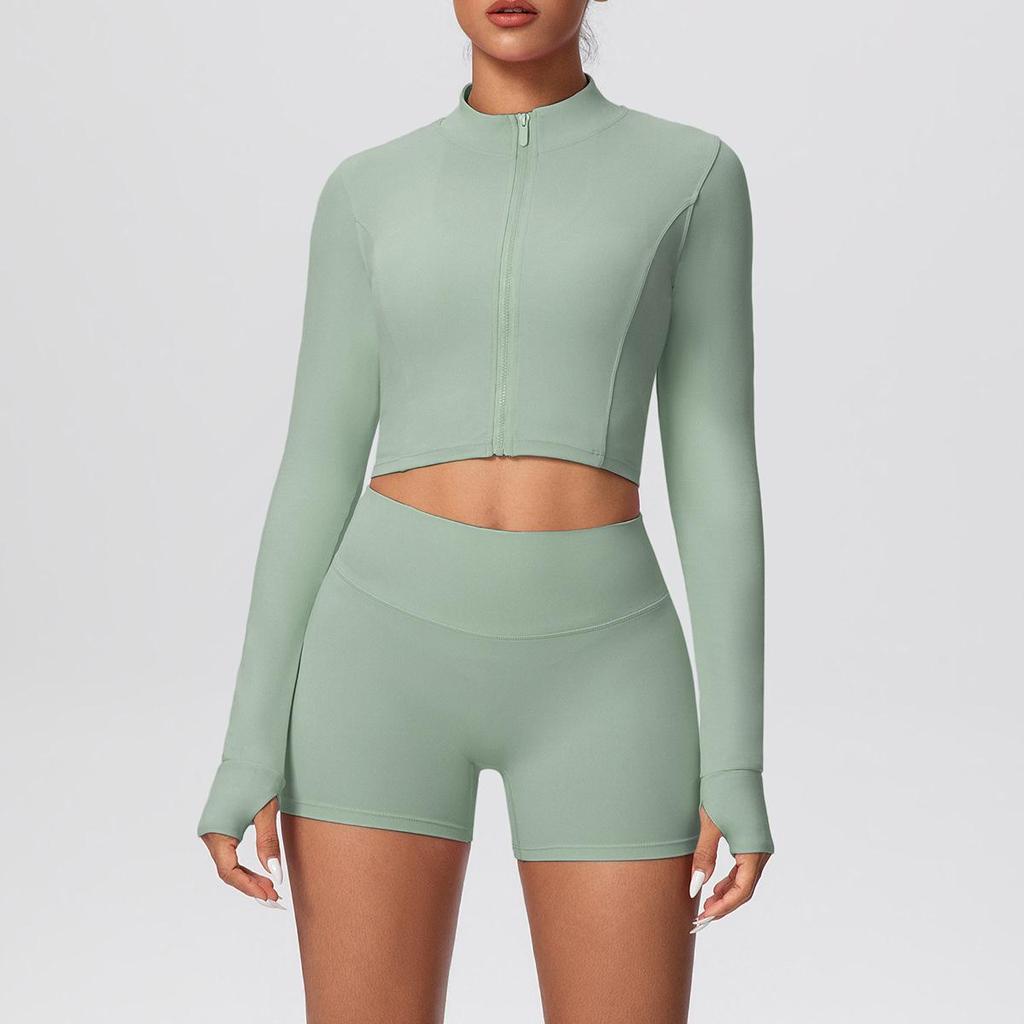 Women's High-Waisted Yoga Set: Short Zipper Jacket & Hip-Lifting Shorts