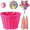 Kids Bike Basket, Bike Basket Front Bike Accessories for Girl Boys, Woven Bicycle Basket with Stickers, Bike Bell, Windmill, and 1pairs Colorful