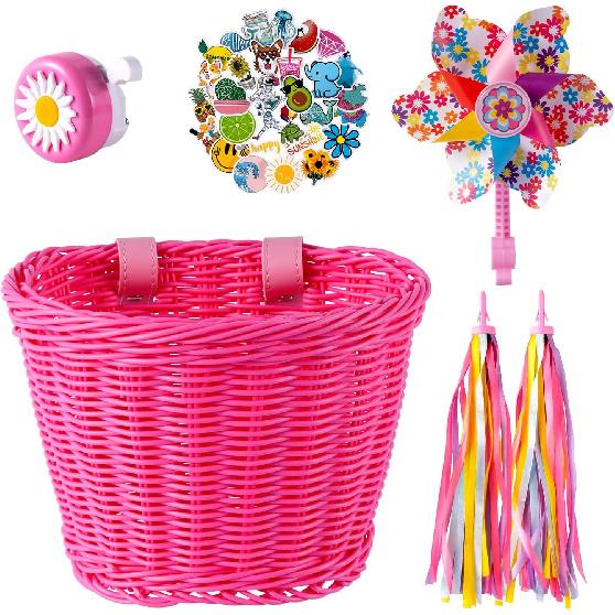 Kids Bike Basket, Bike Basket Front Bike Accessories for Girl Boys, Woven Bicycle Basket with Stickers, Bike Bell, Windmill, and 1pairs Colorful