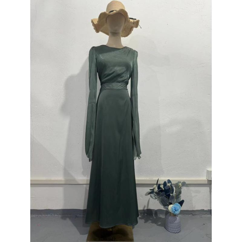 

European and American Summer Stitching Glass Yarn Large Swing Sleeve Long Satin Slim-Fit Dress XXL