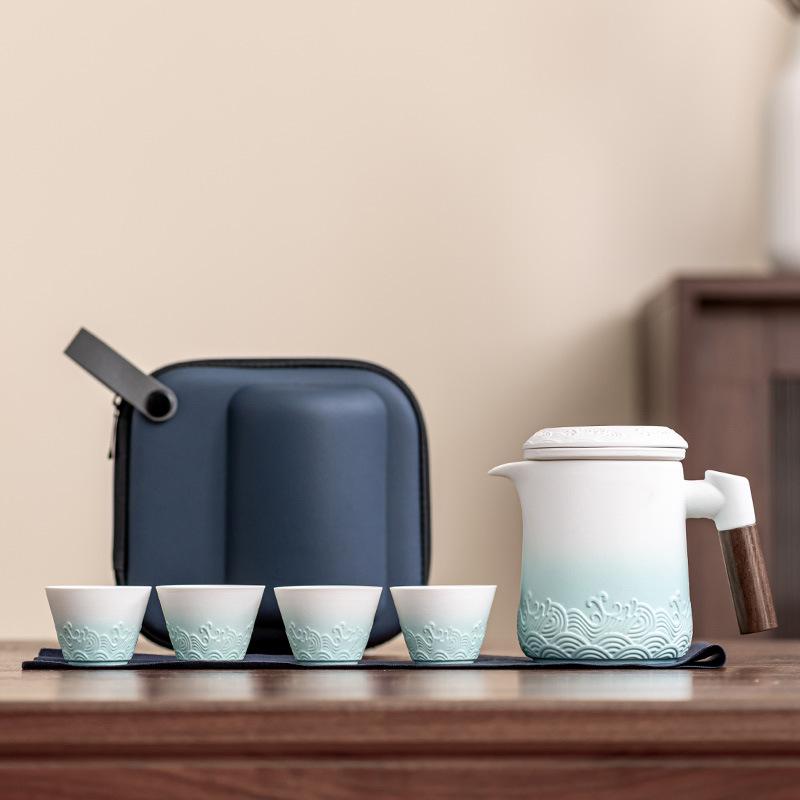 Travel tea set outdoor portable ceramic one pot four cups company business holiday gifts