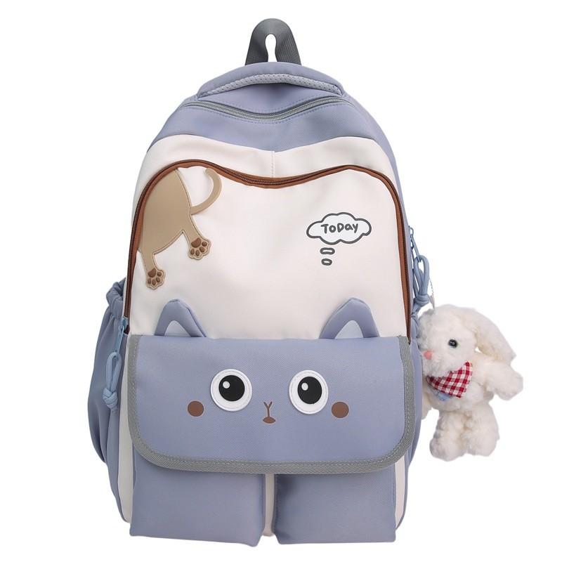Minimalist Backpack For Travel And School With Cat Design Gray Blue