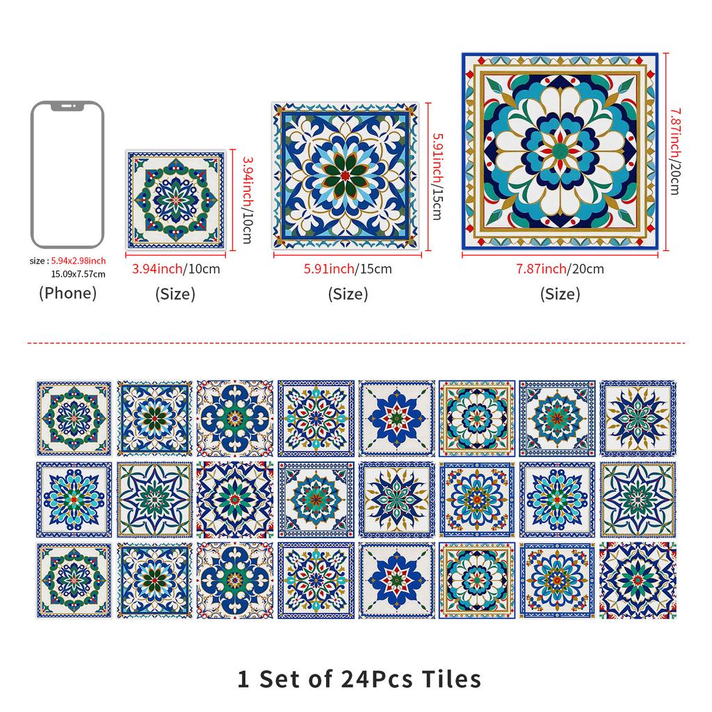 European Crystal Mandala 24 Pieces Self-Adhesive Wall Sticker, Waterproof Kitchen Bedroom Tile Sticker Pvc Wallpaper
