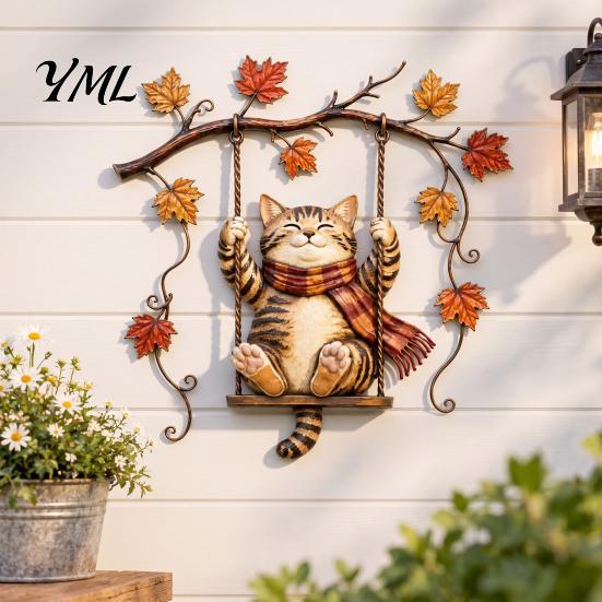 Autumn Theme Door Decorations Cat Metal Wall Decor, Fall Tin Sign Plaque, Swing Decorative Crafts for Home Art Decoration Thanksgiving Harvest