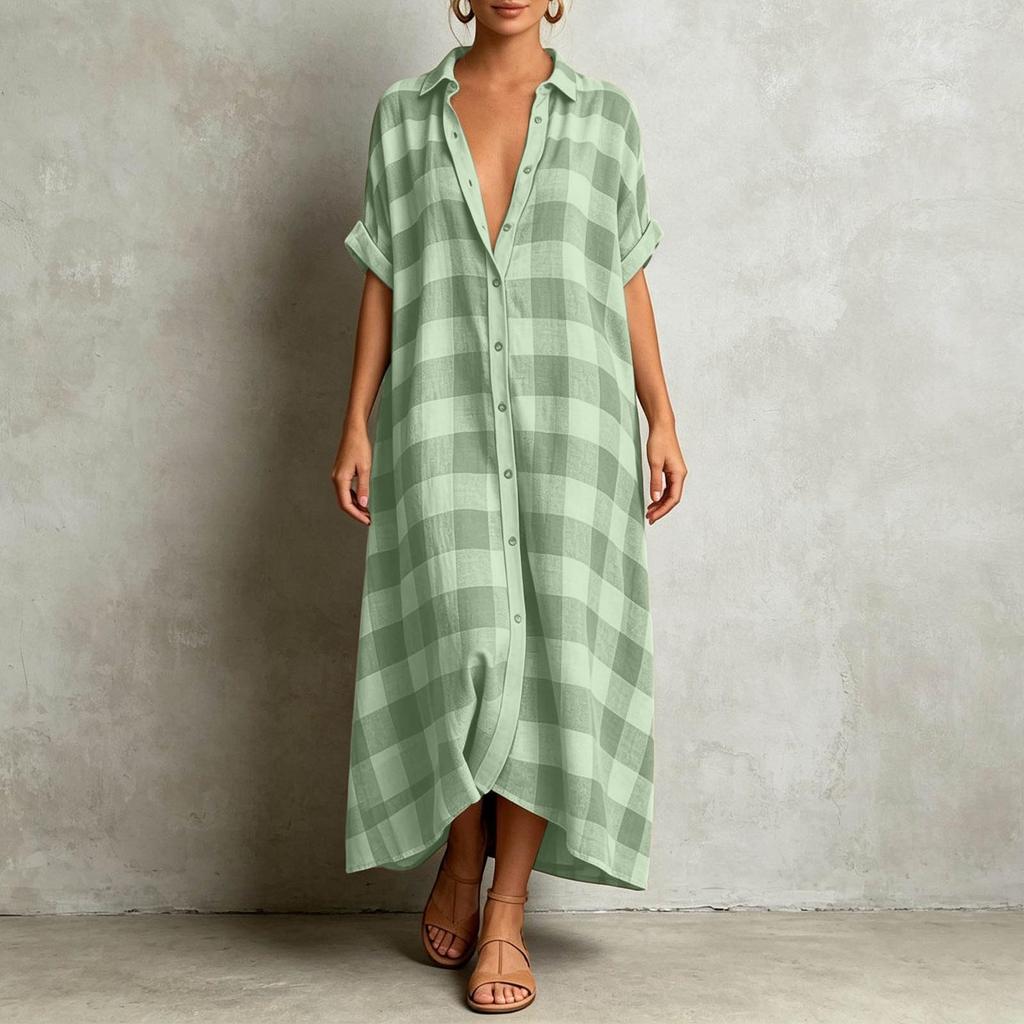 Women's Casual Plaid Short Sleeve Maxi Dress with Lapel for Vacation Beach Wear