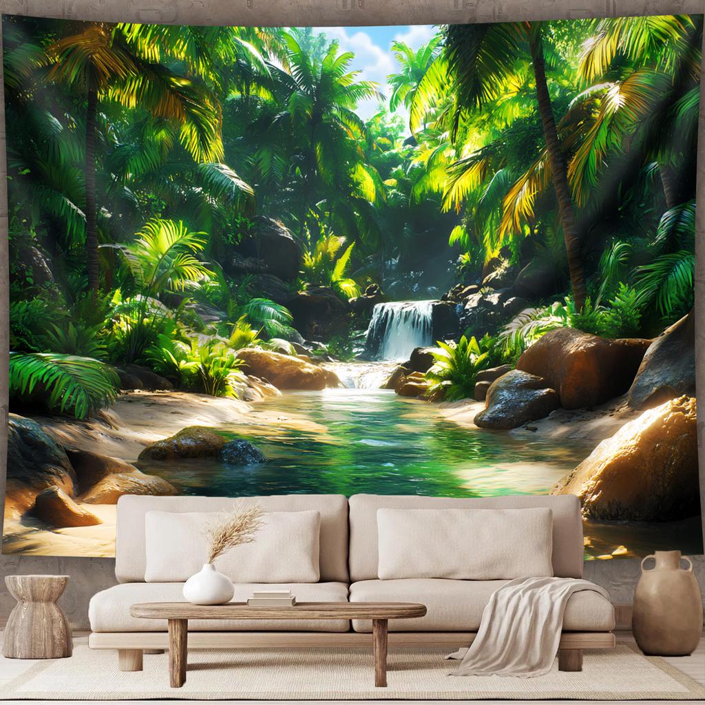 Tropical Rainforest Tapestry Wall Hanging, Waterfall And Stream In Jungle Landscape, Nature Home Decor For Living Room Bedroom