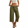 Women Casual Loose Fit Wide Leg Cropped Pants with Elastic Waist Drawstring and Side Pockets Cotton Linen Trousers