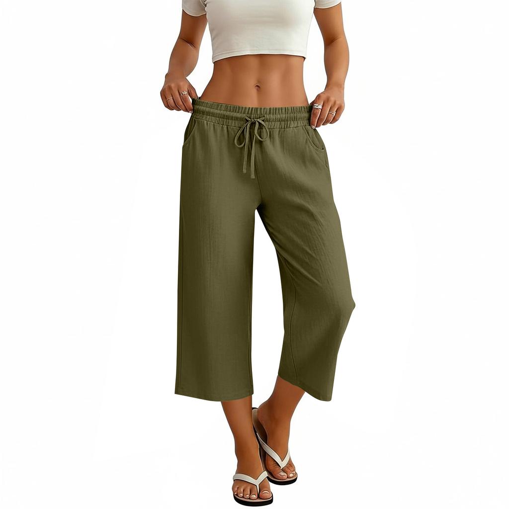 Women Casual Loose Fit Wide Leg Cropped Pants with Elastic Waist Drawstring and Side Pockets Cotton Linen Trousers