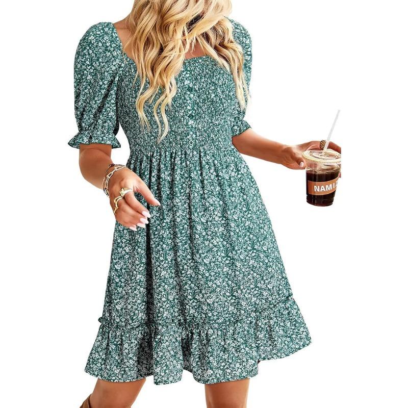 

JKASHDK Женская мода лето весна цветочный узор принт короткий рукав квадратный воротник Высокая талия повседневные платья XXL