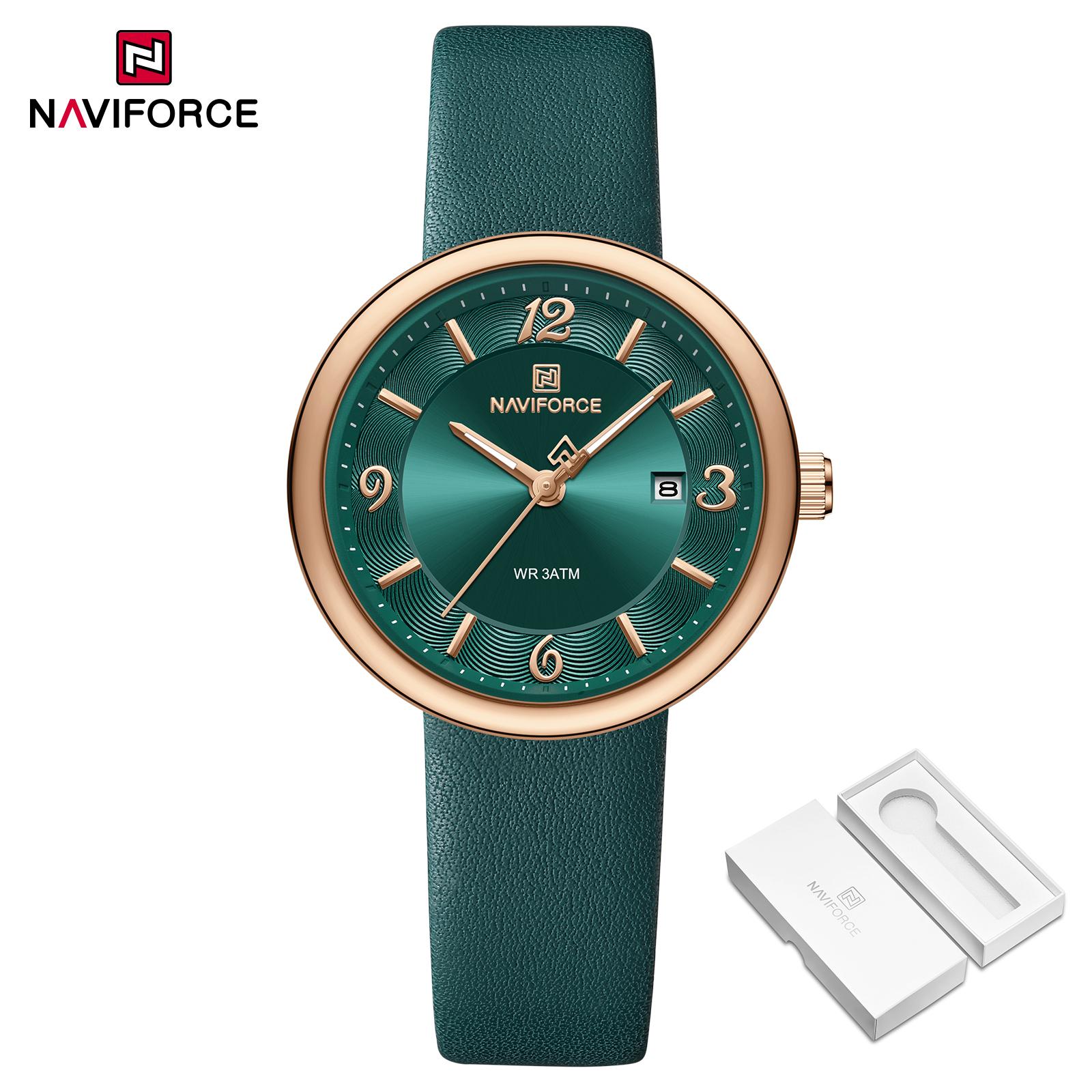 

NAVIFORCE Original Women Simple Watch Calendar Luminous Pointer Leather Strap Waterproof 3ATM Lightweight Women Lady Quartz Watch Gift NF5076 зелений