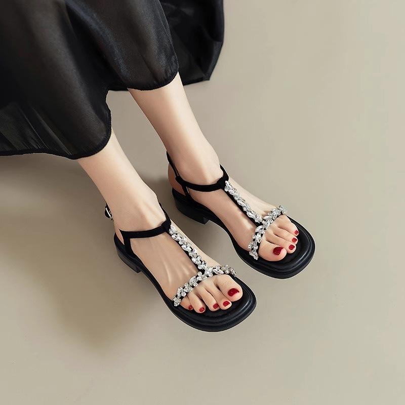 

2025 summer new casual platform open-toed thick-heeled sandals French rhinestone T-strap versatile Roman shoes women s tide 40 чёрный