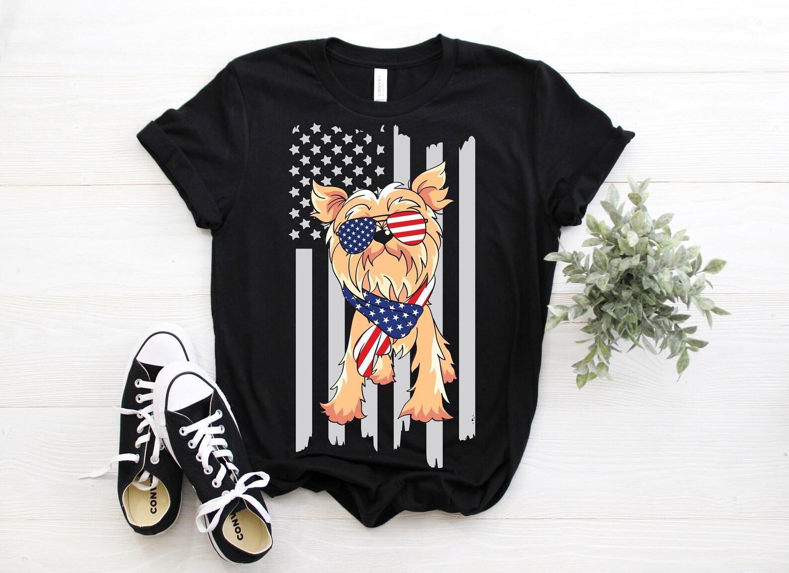 American Flag Cool Yorkshire Terrier Glasses Patriotic T-Shirt, Yorkie Dog Owner Gift, Cute Funny Pet Puppy T Shirts, 4th Of July Costume, 150