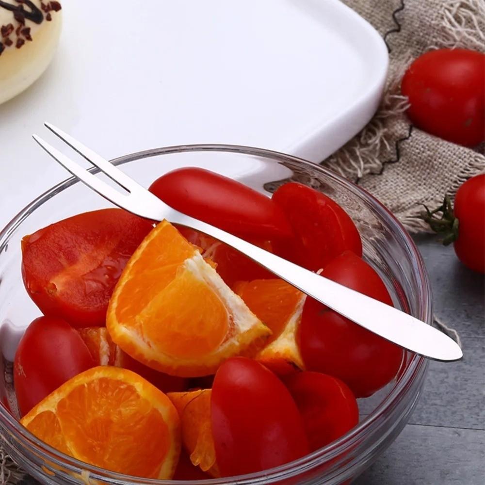 Stainless Steel Fruit Fork Tableware Two-tine Fruit Stick Long Handle Food Picks Small Toothpick Kitchen Accessories