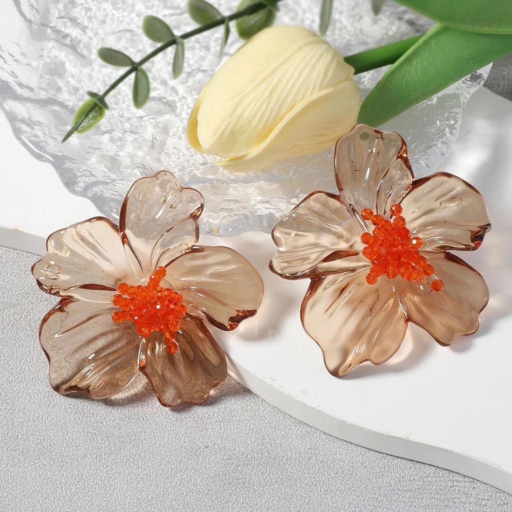 Trendy Vintage Colorful Acrylic Transparent Large Flower Earrings for Women Exquisite Elegant Party Holiday Jewelry Accessories